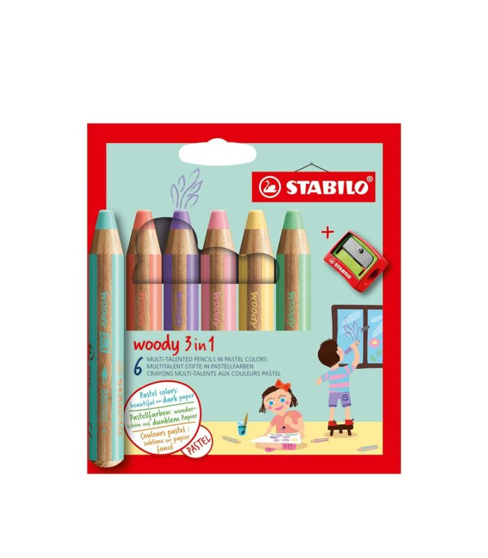 Set de 6 lápices Woody 3 en 1 (colores pasteles) + sacapuntas