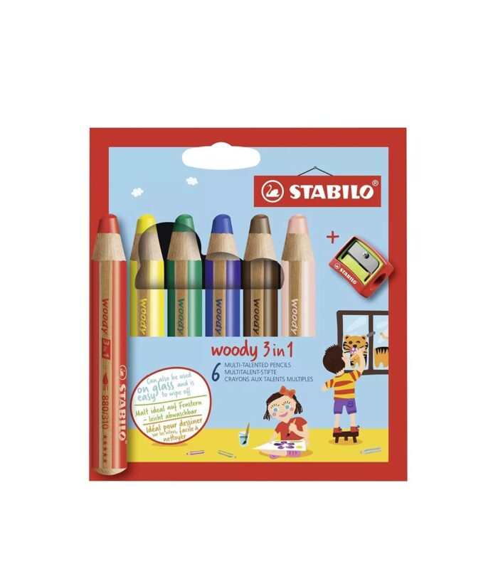 Set of 6 Stabilo Woody 3-in-1 pencils (basic colors) + sharpener